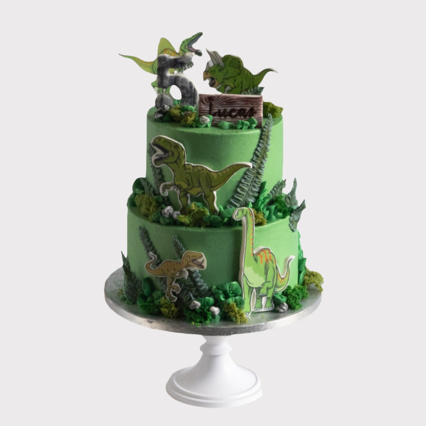 2-laagse dino taart met eetbare dinosaurussen en fondant decoratie

