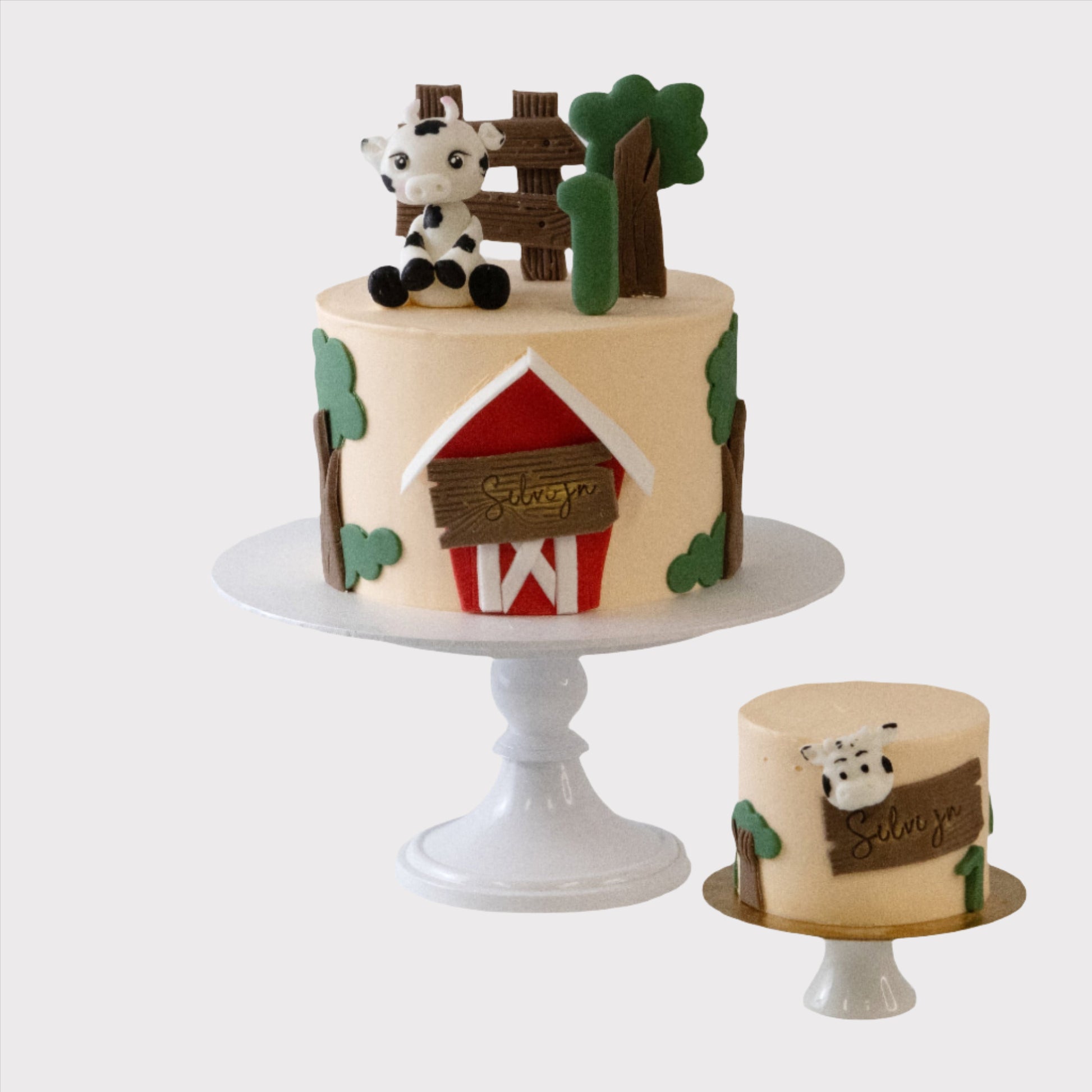 Boerderij minitaartje met koe en schuur decoratie, gepersonaliseerde mini kindertaart