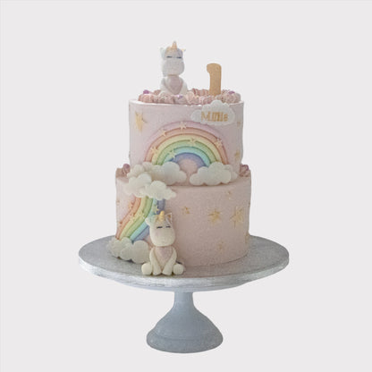 Gepersonaliseerde baby eenhoorn taart met naam en leeftijd