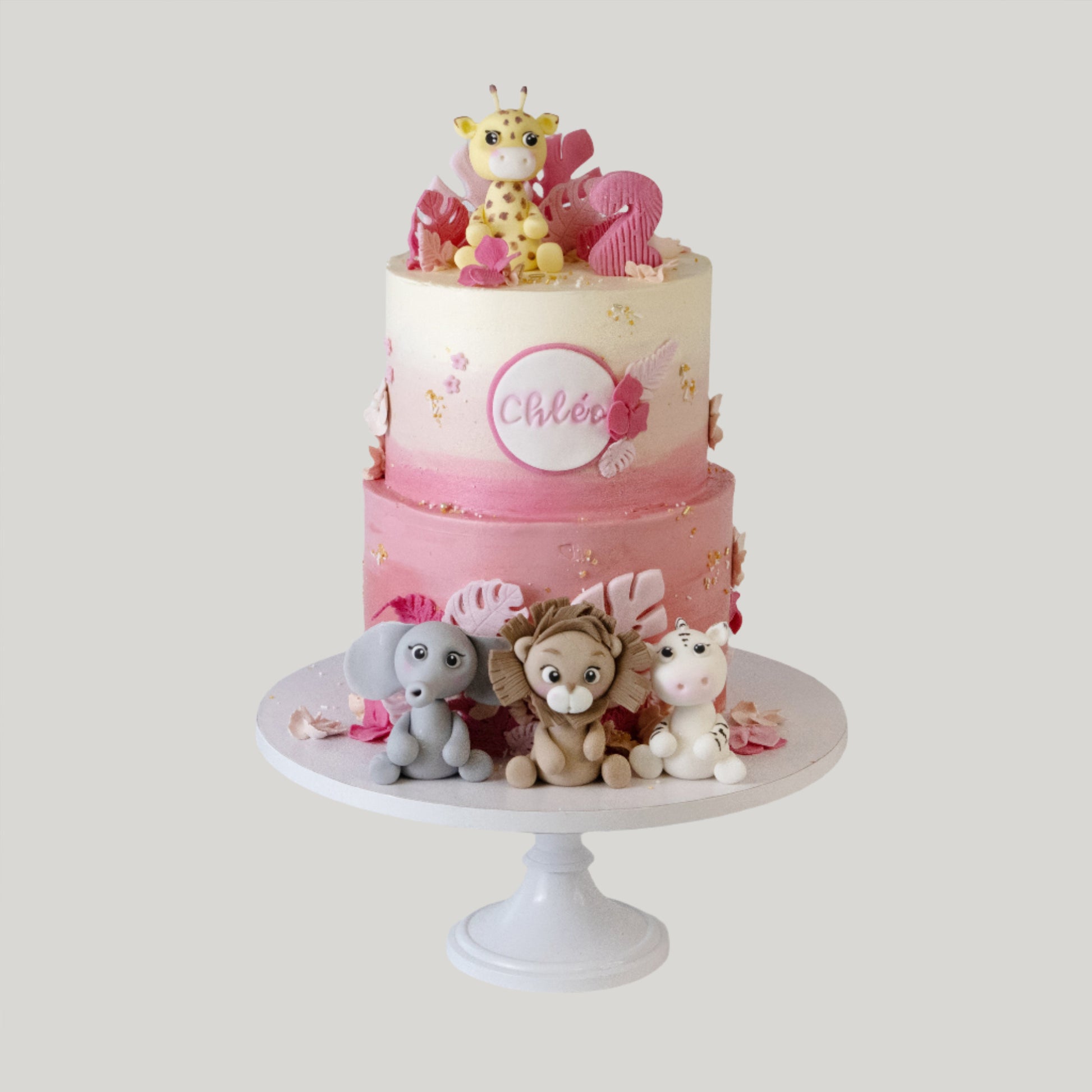 Jungle safari kindertaart voor meisjes van 2 tot 5 jaar met vrolijke dieren