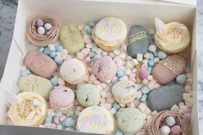 Paas dessert box met macarons, cupcakes, cakesicles en mini marshmallows – luxe paas lekkernijen met lokale bezorging in Zeist en regio Utrecht.